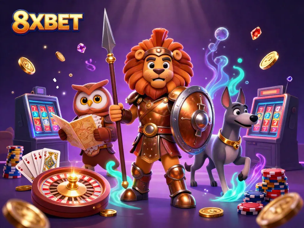 Experience excitement with 8XBET's vibrant casino scene, featuring rich game elements and dynamic characters.