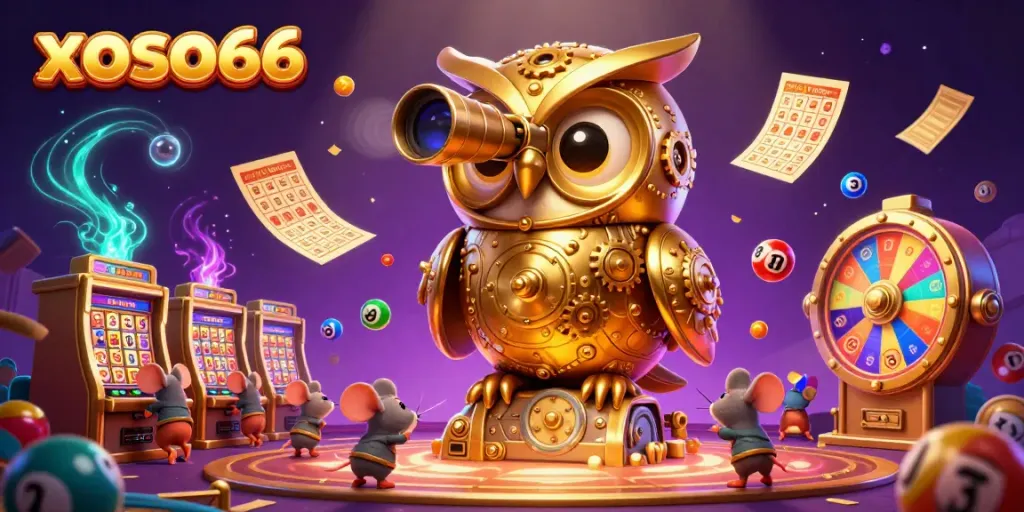 Experience xoso66 with a golden owl and lively casino elements in a vibrant illustration.