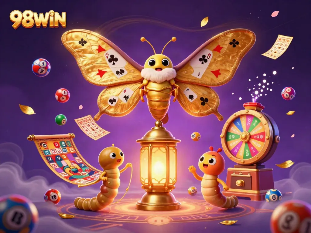 Engage with 98WIN's vibrant lottery scene featuring a majestic moth and colorful casino elements.