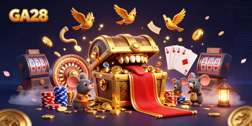 Experience exciting gameplay with GA28's vibrant casino scene featuring treasure chests, golden coins, and poker elements.