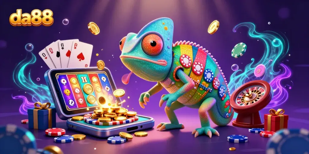 Experience the thrill of gaming at da88 with a vibrant chameleon casino owner amidst gold coins and dynamic games.