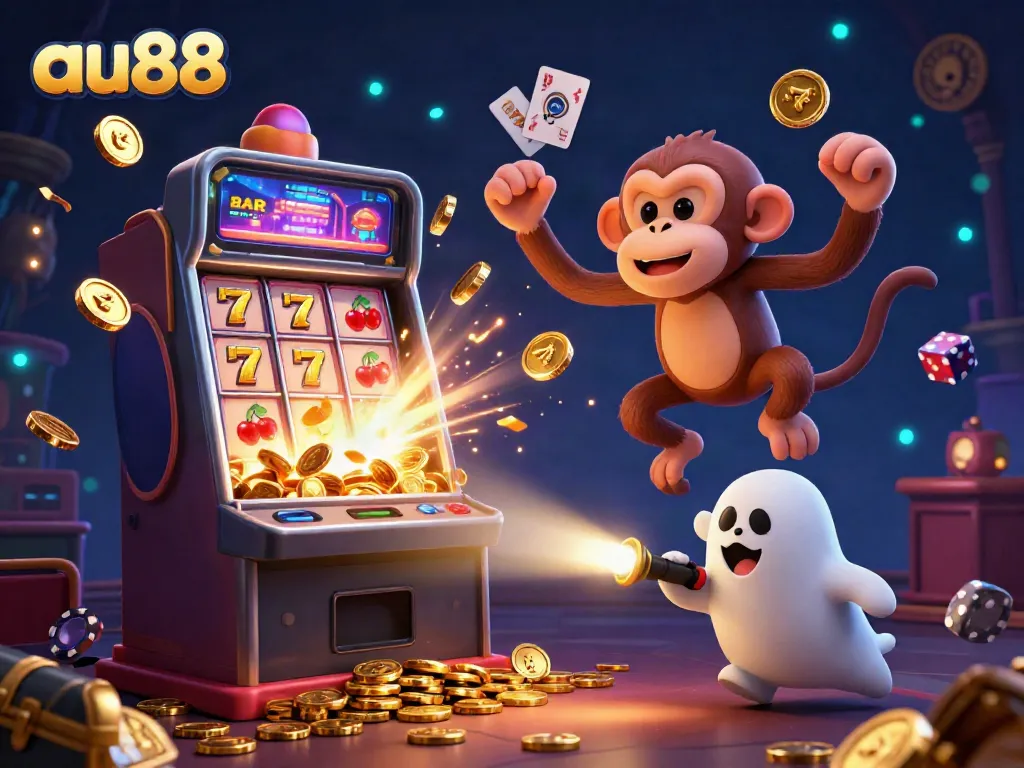 Experience the excitement of au88 with a playful poltergeist monkey and a ghost-hunter puppy in a dynamic casino scene.