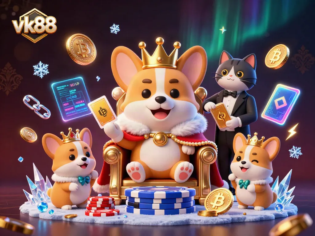 Bet on vk88 as royal corgi reigns over a casino kingdom filled with crypto coins.
