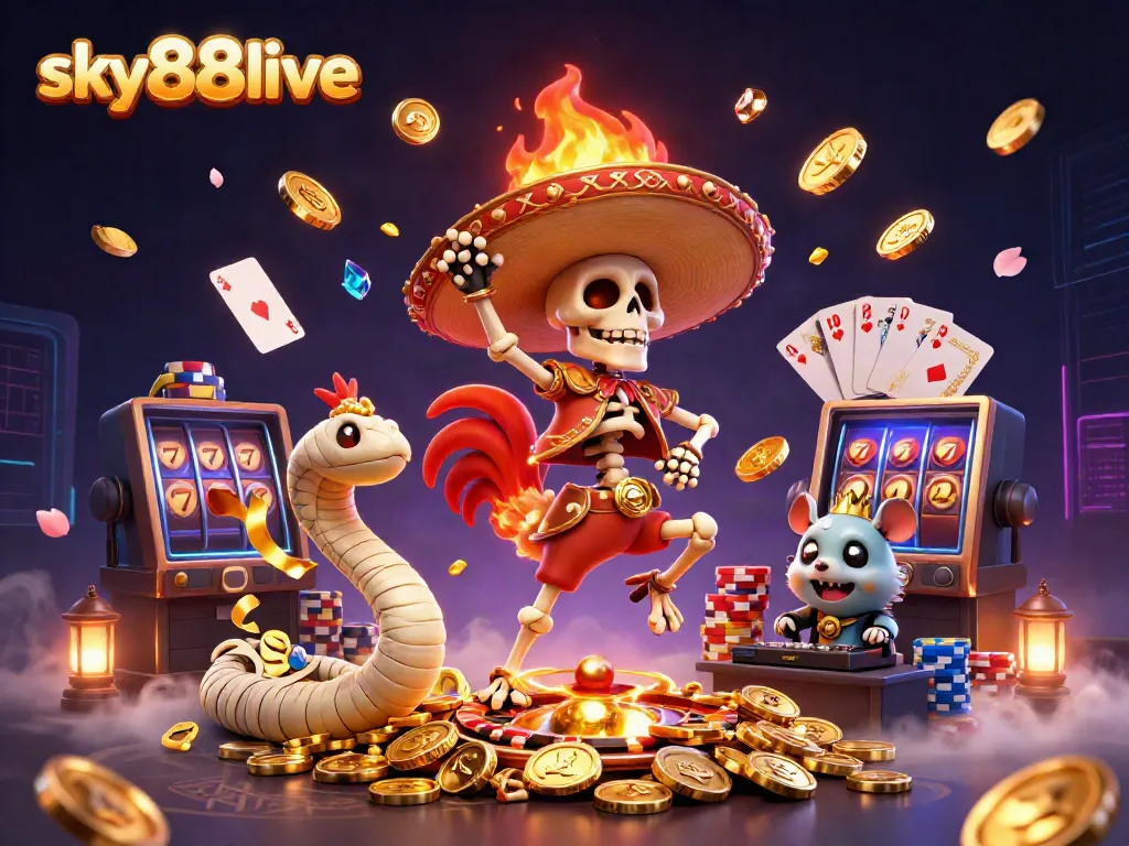 Engage with sky88live's vibrant casino experience featuring dynamic characters, gold coins, and gaming elements.