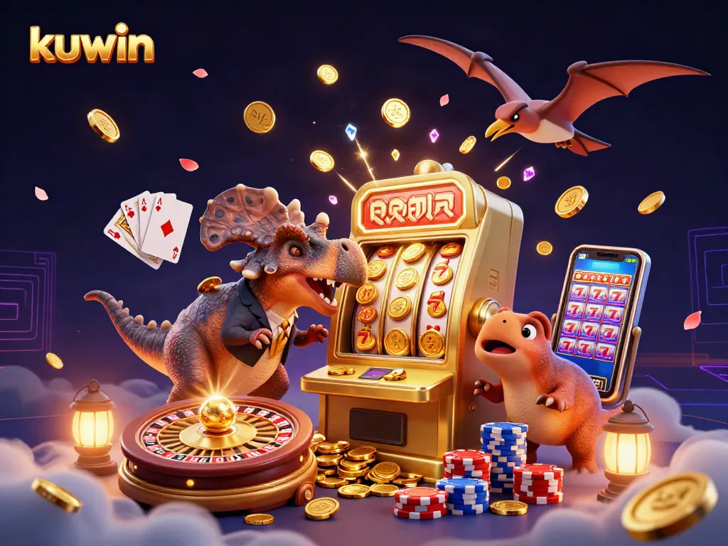 Kuwin's pachycephalosaurus wins a jackpot, showcasing dynamic casino elements in a vibrant scene.