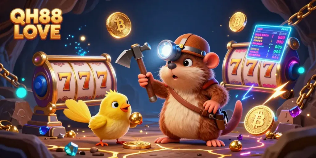 Engage with QH88 LOVE’s vibrant casino adventure, featuring a treasure hunter mole in an exciting mining scene.