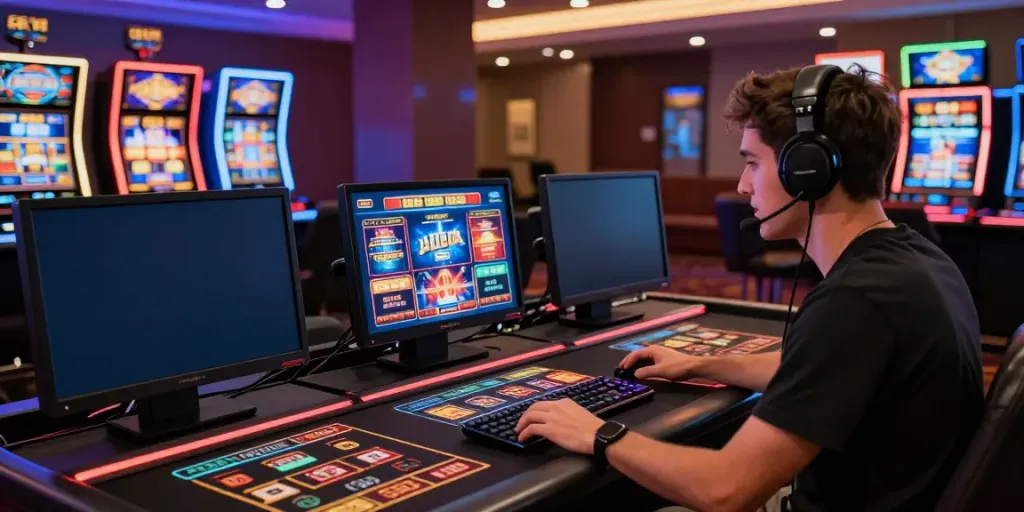The player enjoying immersive gaming at credit card casinos in a modern virtual casino setting.