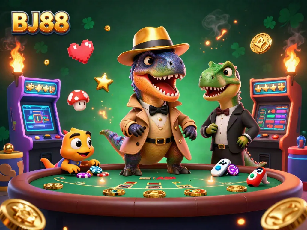 Engage with BJ88 while a velociraptor card counter sneaks chips at a blackjack table, showcasing vibrant casino action.