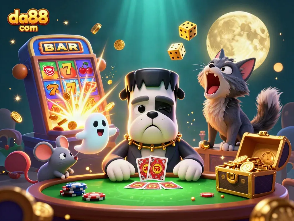 Experience thrilling gameplay at da88 com with a whimsical 3D casino scene featuring unique characters and jackpot fun.