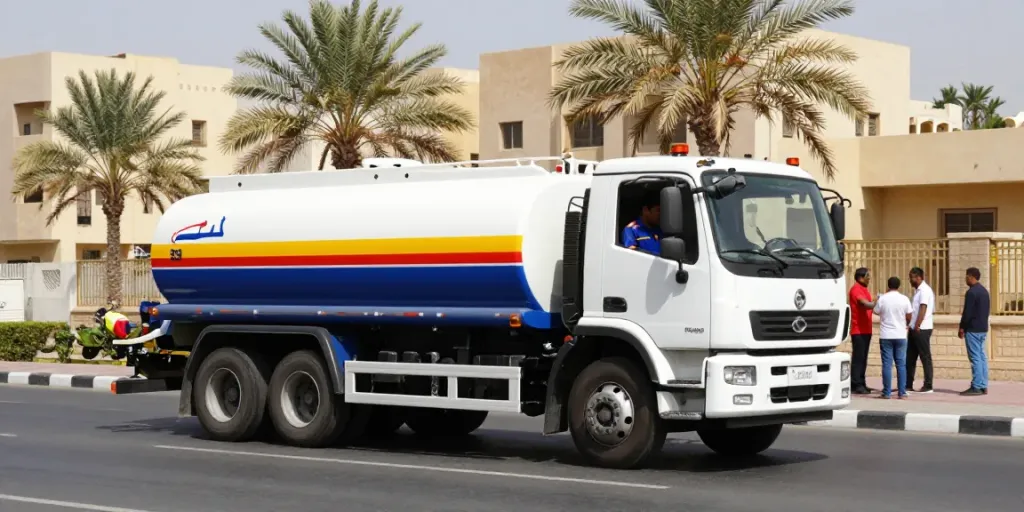 طلب صهريج مياه بالرياض delivery truck in a bustling Riyadh neighborhood.