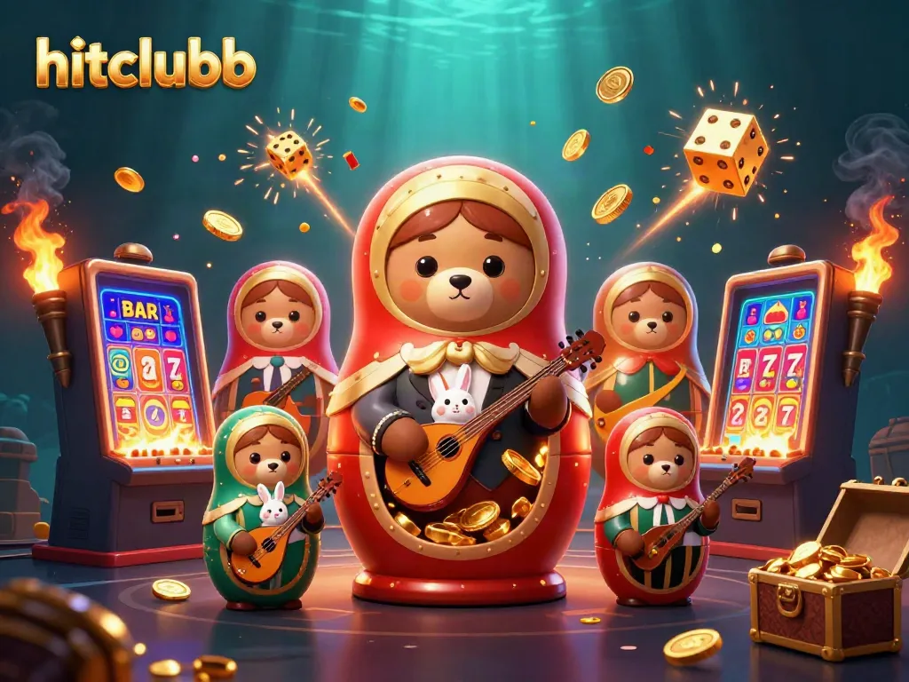 Experience the vibrant excitement of hitclubb with a cartoon scene of casino elements and characters.