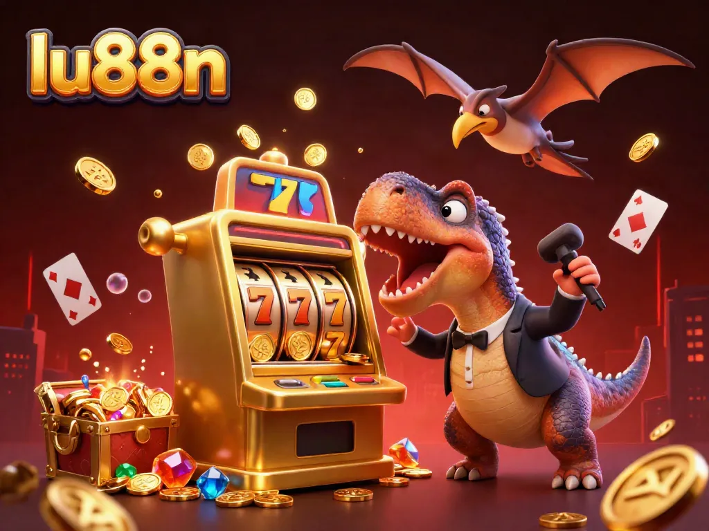 lu88n slots come alive as a dinosaur wins jackpots amidst a colorful casino scene