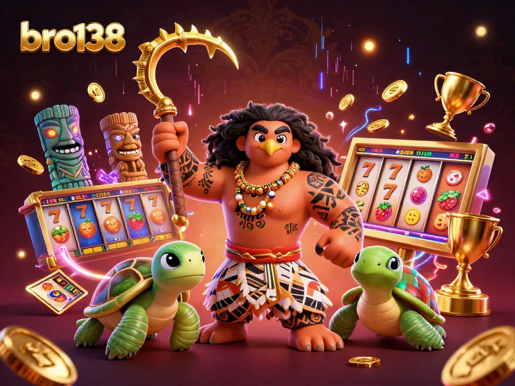 Experience thrilling gameplay with bro138's vibrant slot machines and festive characters in an energetic casino scene.