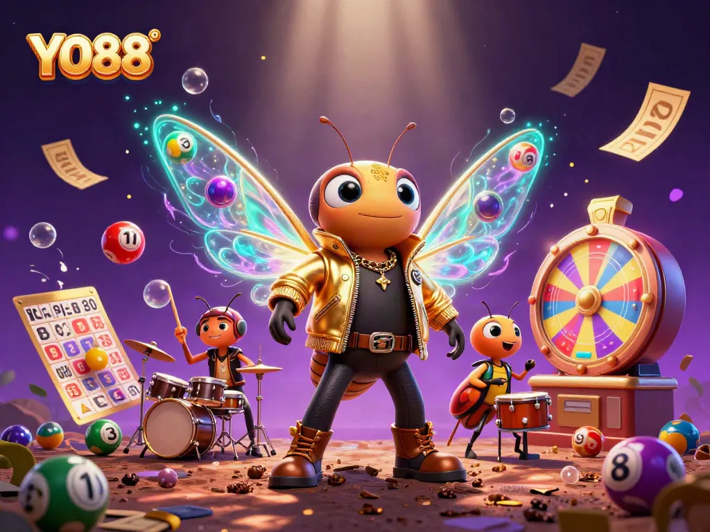 YO88 celebrates winnings with a vibrant casino scene featuring dynamic lottery elements and a rock star cicada.