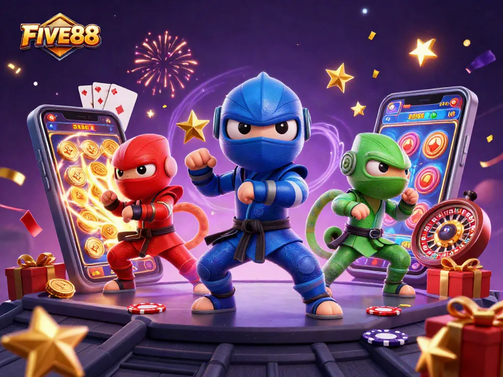 Experience the excitement of FIVE88 casino with dynamic ninja chameleons and vibrant gaming elements.
