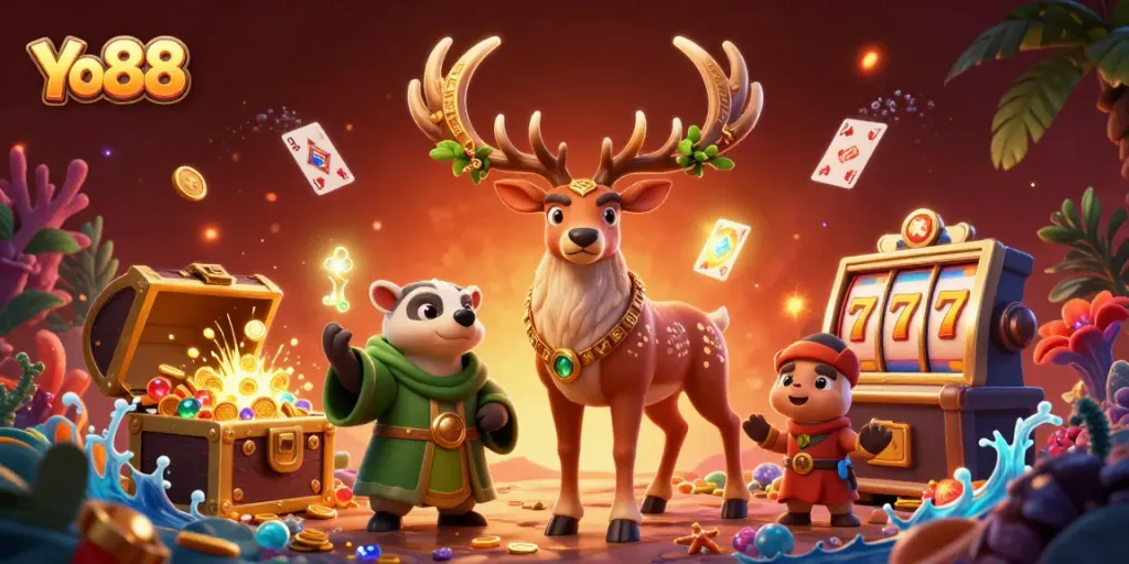 Experience the excitement of Yo88 with a vibrant casino theme featuring dynamic characters and treasures.