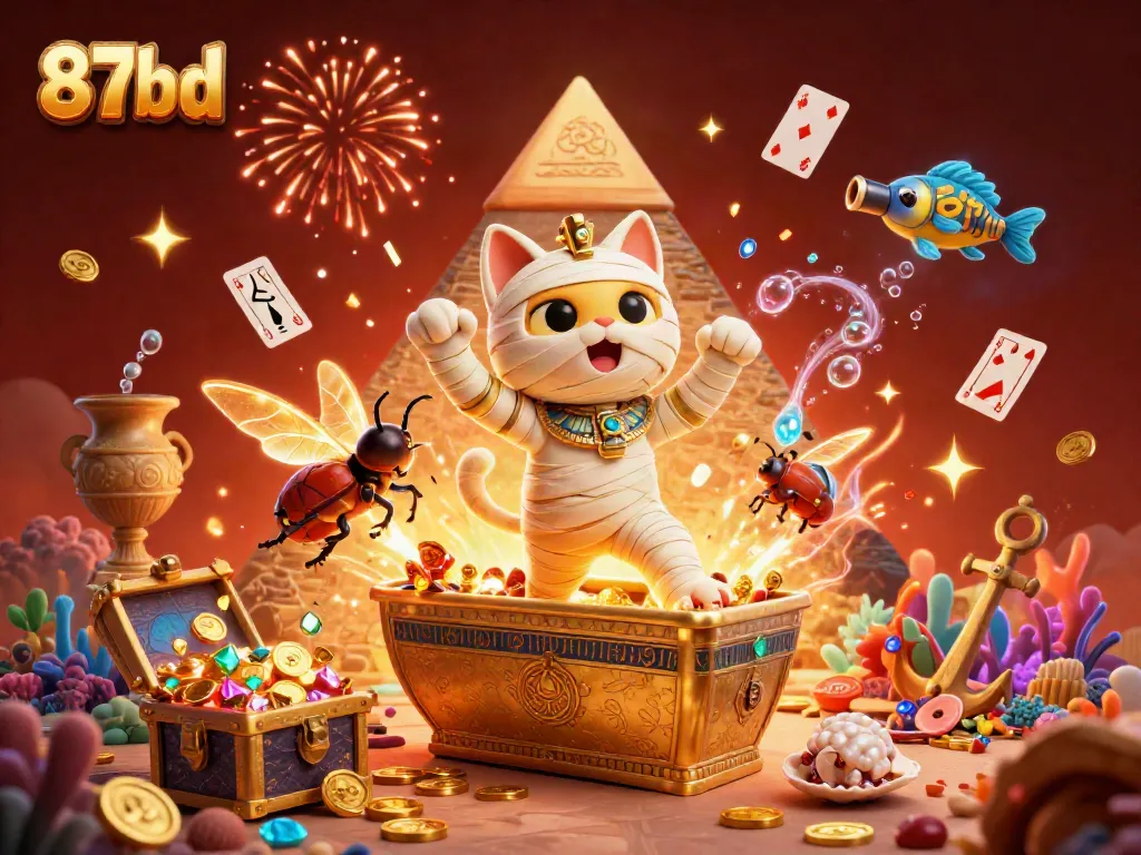 Engage with the vibrant casino world of 87bd with a mummy cat surrounded by treasure and hieroglyphs.