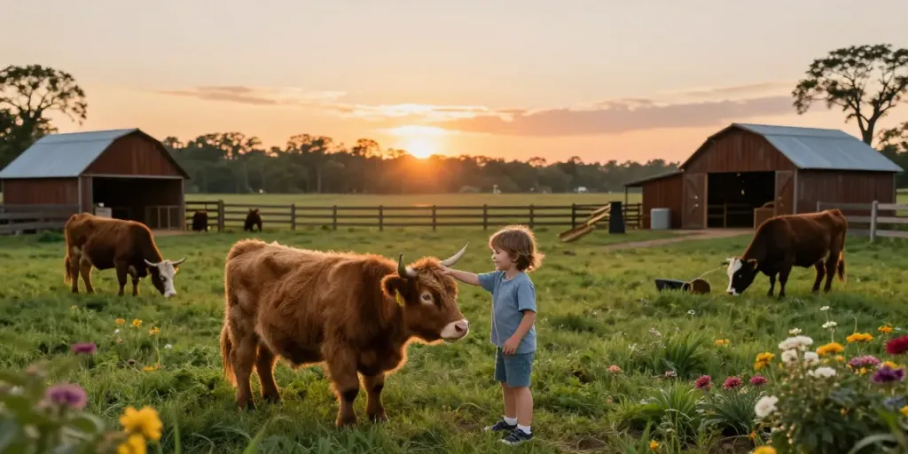 Family-friendly miniature cattle on a scenic farm, showcasing mini cattle and a child interacting with them.