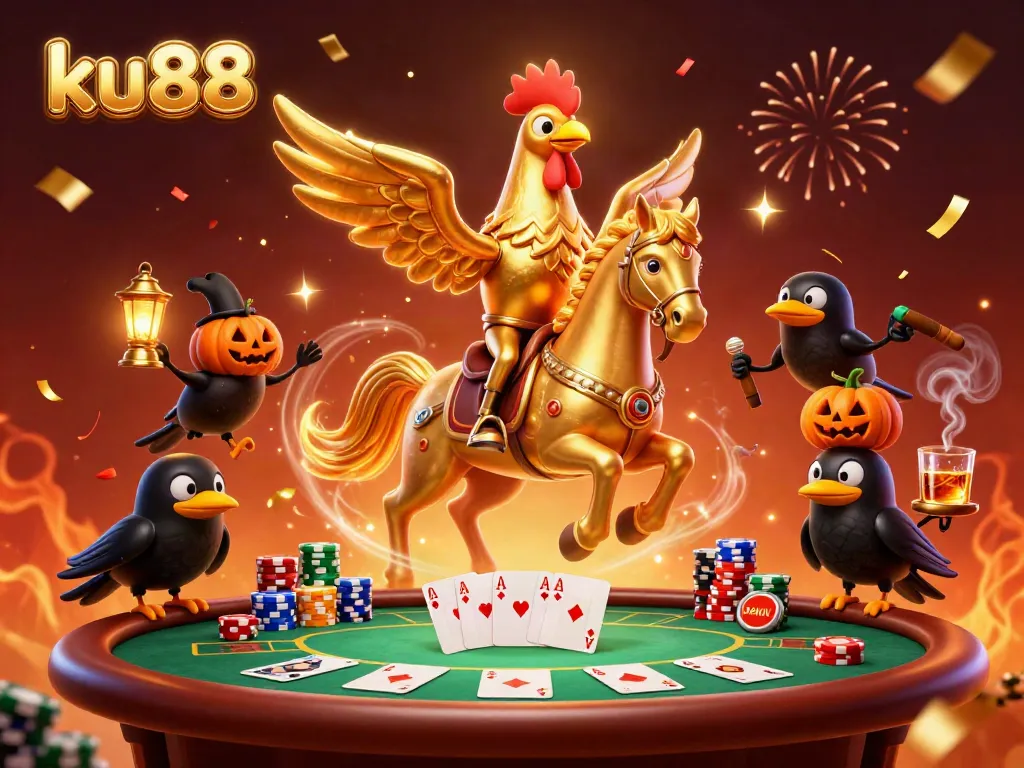 Experience thrilling moments at ku88 with a golden rooster in a captivating casino scene.