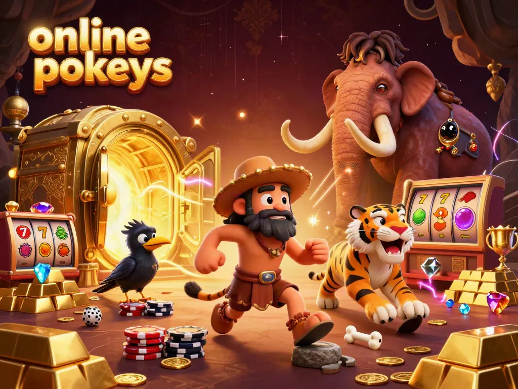 Engage with thrilling online pokies in a vibrant prehistoric casino scene.