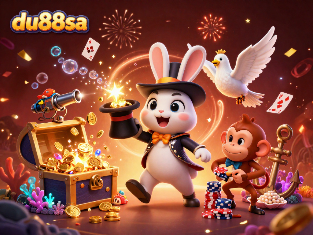 Experience the thrills of du88sa with a magician rabbit conjuring coins amidst vibrant casino elements, celebrating luck!