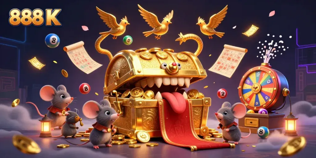 Spin and win with 888 K at a vibrant online casino featuring golden treasure.