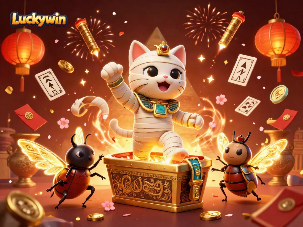Experience excitement at Luckywin with a vibrant 3D illustration showcasing a pyramid casino adventure.