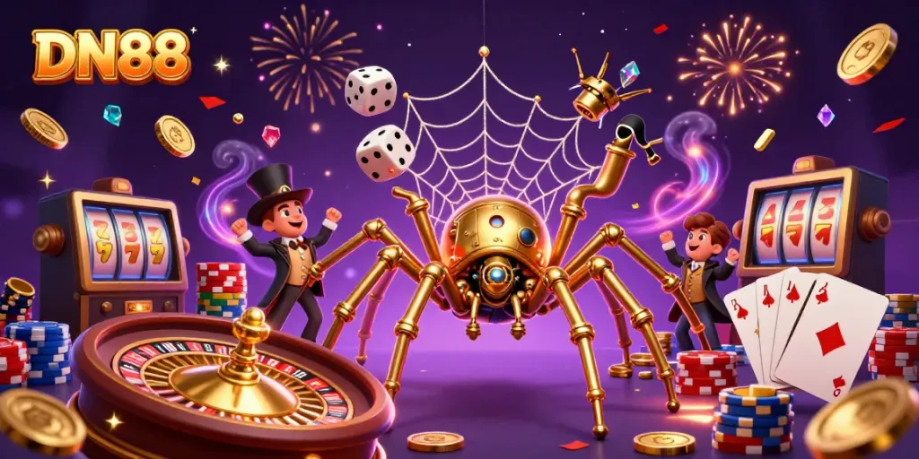 Experience thrilling gambling adventures with DN88 featuring a golden spider and Victorian fly gentleman.