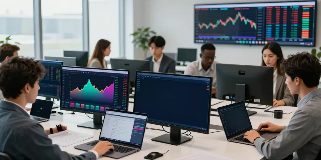 Professional traders using USDT on advanced platforms in a dynamic trading environment.