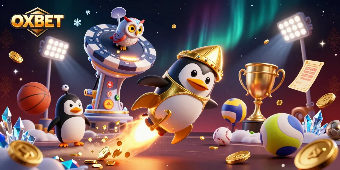 Experience thrilling gameplay at OXBET with an exciting 3D casino scene featuring sports and a golden penguin.