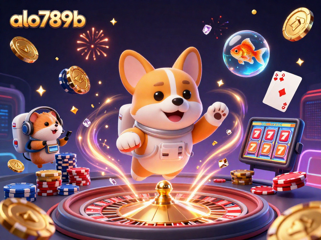 Alo789b: Engage in thrilling gaming adventures with a dynamic illustration featuring an astronaut corgi and casino elements.