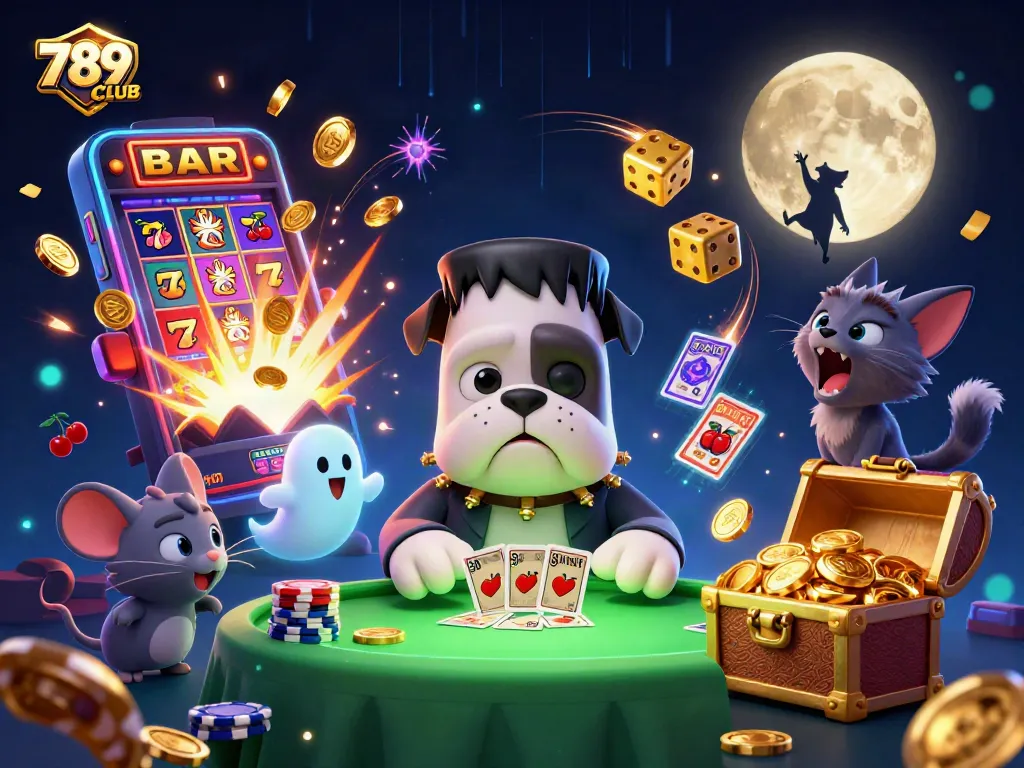 Experience thrilling gameplay at 789CLUB with a lively 3D casino scene featuring monsters and jackpots.