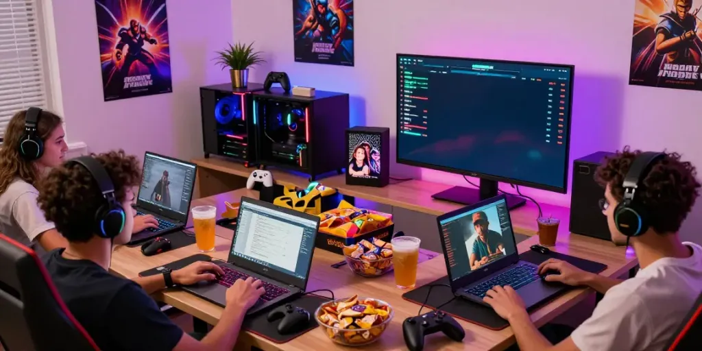 Friends enjoying a thrilling rokok88 gaming session in a vibrant room with snacks and LED lights.