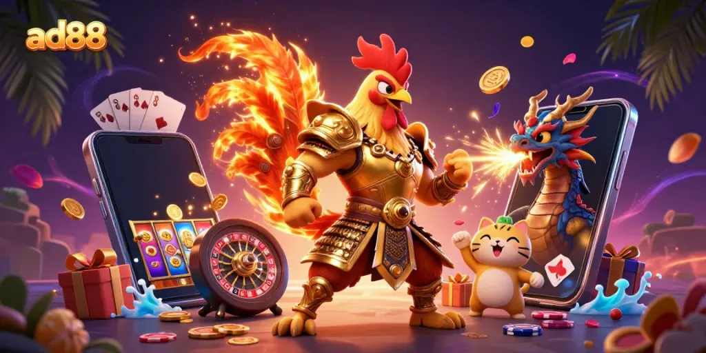 Experience exciting gameplay with ad88 featuring a fighting rooster and dragon in a vibrant casino scene.