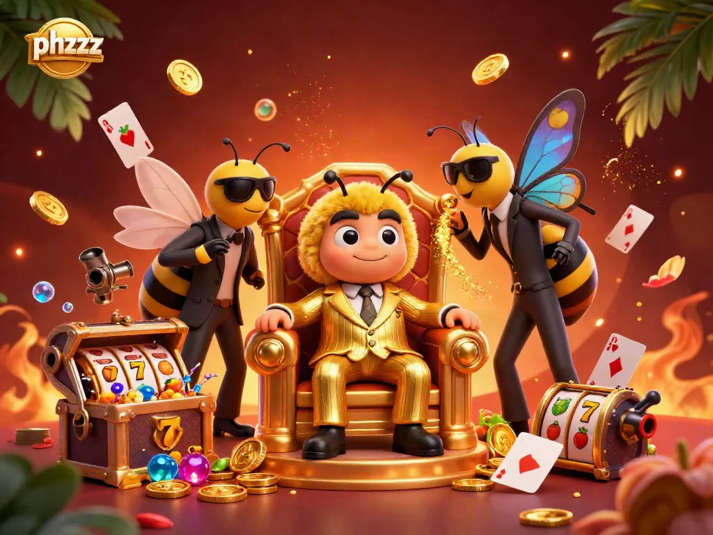 Engage in thrilling gaming with phzzz in a lively casino scene showcasing a bumblebee mob boss and vibrant slot elements.