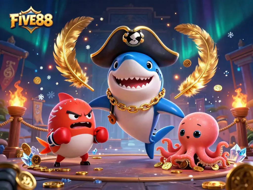 Engage with FIVE88's thrilling atmosphere in this vibrant casino scene featuring unique characters.