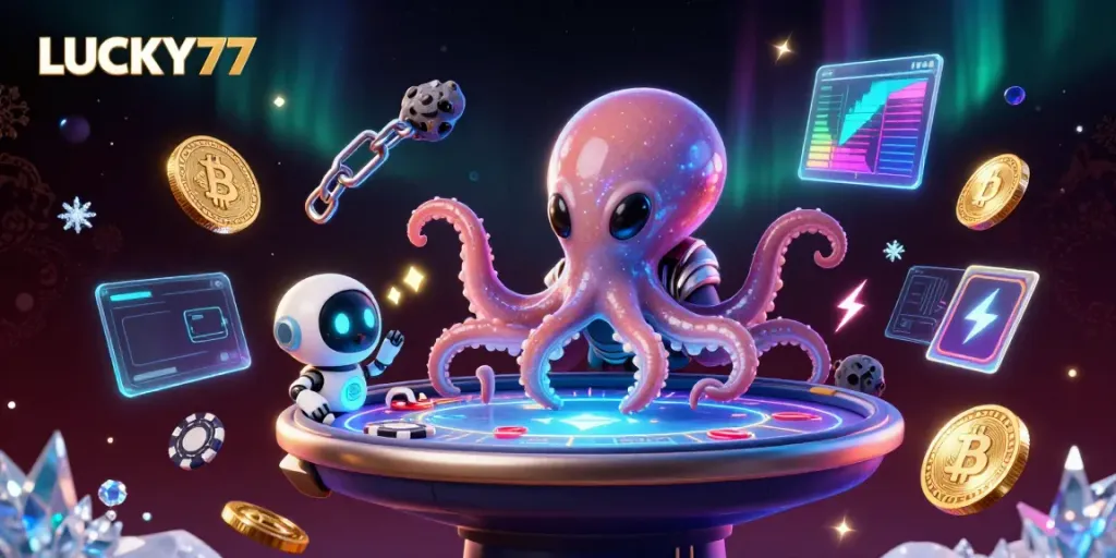 Engage with LUCKY77 at a vibrant alien poker table surrounded by glowing cryptocurrencies.