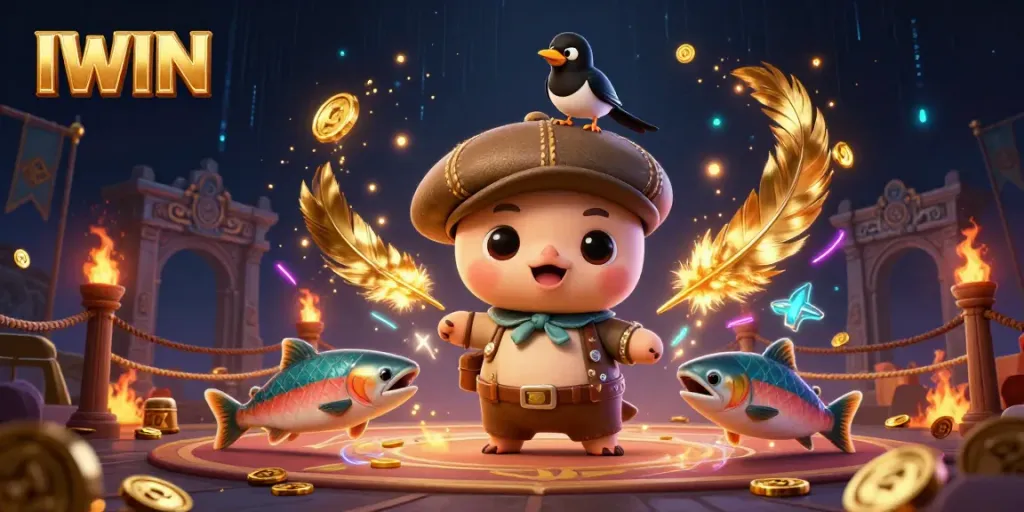 IWIN casino illustration featuring baby Nessie and friends in a dynamic gaming environment.