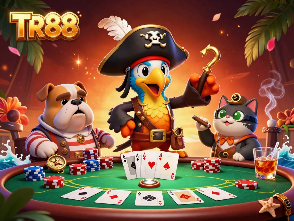 Watch TR88's pirate captain lead an exciting poker game, surrounded by colorful chips and cards.
