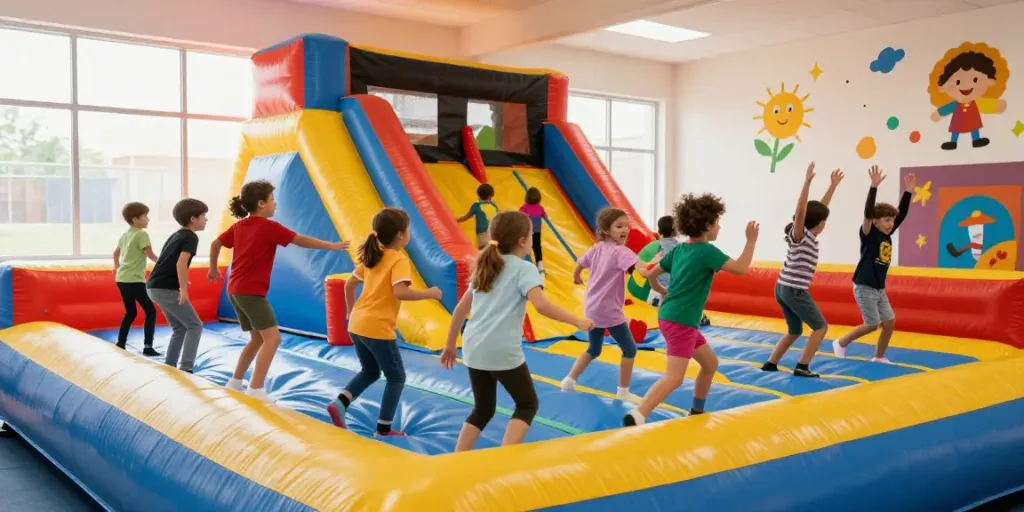 Indoor bounce house filled with children laughing and playing.