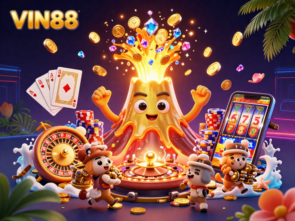 Experience the exciting world of gambling at VIN88 with a vibrant scene featuring gold coins and treasure.