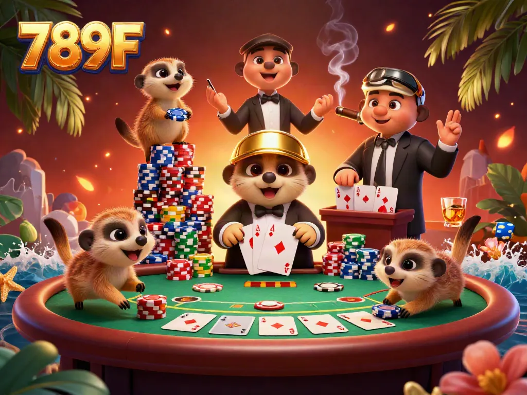 Experience the dynamic casino atmosphere of 789F as meerkats deal poker and stack chips