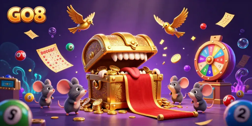 Engage with GO8's exciting lottery-themed illustration featuring dynamic elements and vibrant energy.