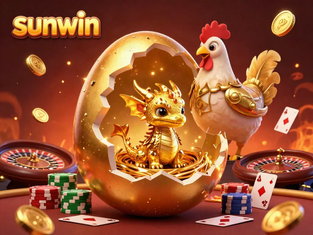 Experience thrilling gaming action at sunwin with a dazzling 3D scene of poker chips and a golden dragon.