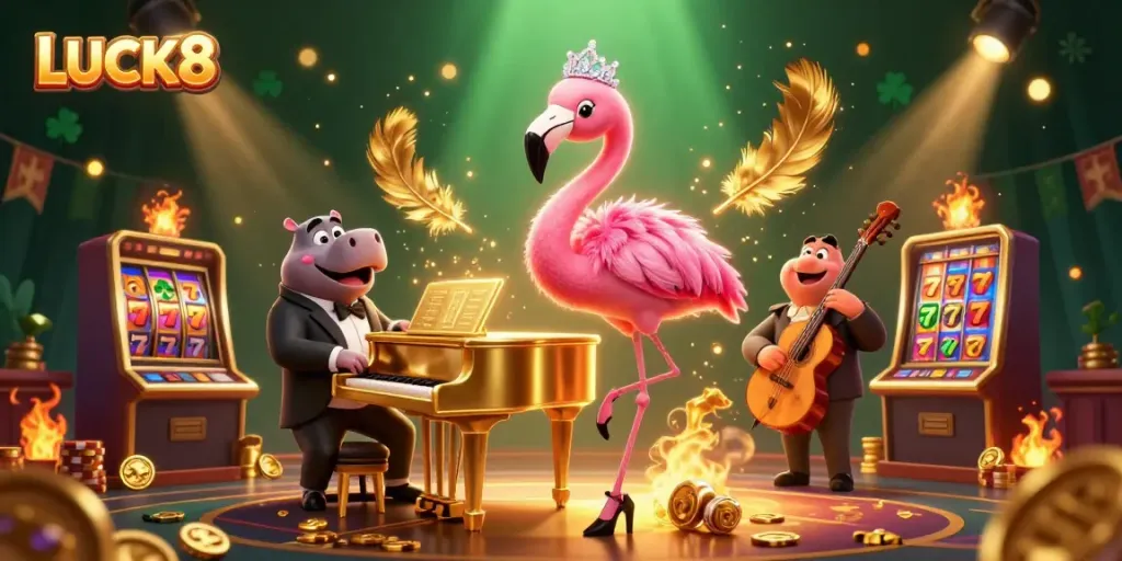 Experience the vibrant LUCK8 casino scene filled with dynamic characters and exciting gaming elements.