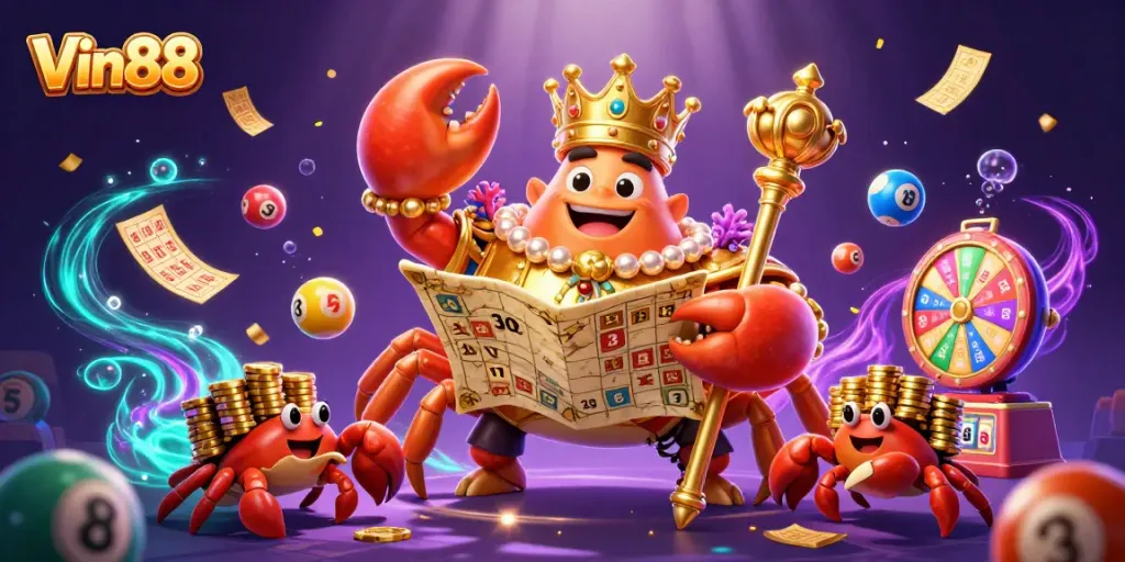 Vin88 brings excitement and fun with a 3D golden crab emperor leading a vibrant casino scene.
