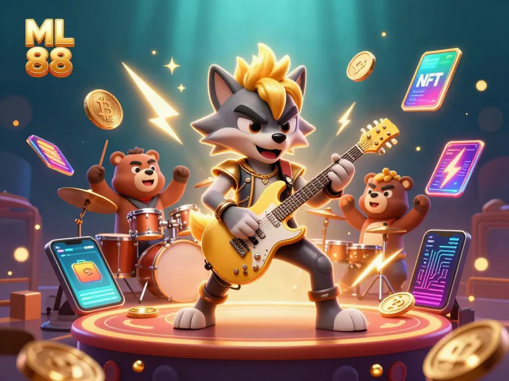 Experience the excitement of ML 88 with vibrant casino elements and dynamic characters in a 3D digital scene.