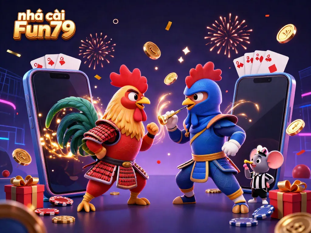 Engage in thrilling gameplay with nhà cái Fun79 featuring sushi-themed roosters, exciting slot symbols, and glittering casino elements.