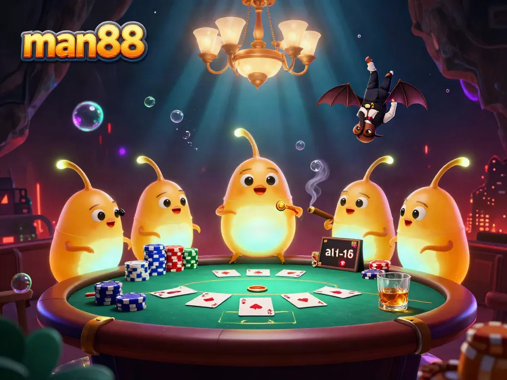 Experience the vibrant casino ambiance with man88's glowworms illuminating a poker scene full of action.
