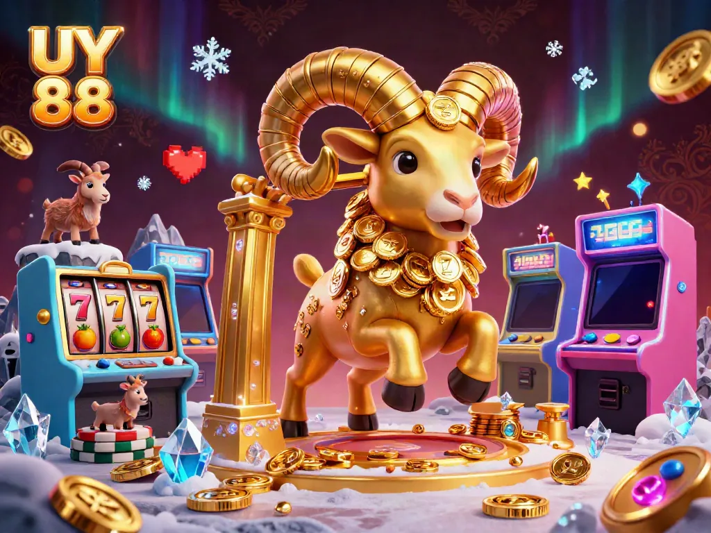 Experience the vibrant UY 88 casino adventure with dynamic slot reels and a golden ram.